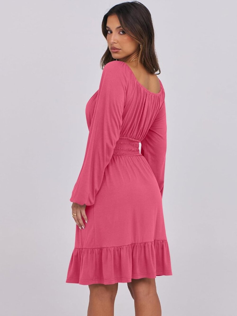 Women's Hot Pink Long Lantern Sleeve Waist Ruffle Flowy Swing A-Line Short Dress - Picture 5 of 6